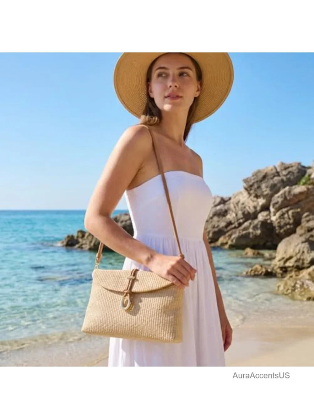 Woven Straw Clutch Bag, Raffia Crossbody Handbag with Detachable Strap, Boho